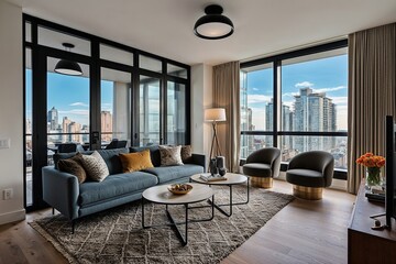 Dynamic Vision of a Trendy Apartment with Floor-Length Windows and Cozy Seating Areas