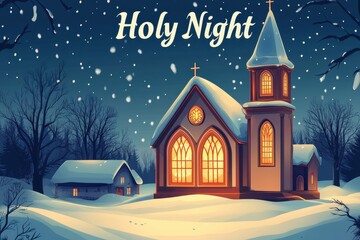 Fototapeta premium Church covered in snow during a peaceful holy night with glowing windows
