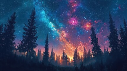 Fototapeta premium A grand fireworks show above a forest clearing with trees silhouetted against the night sky The peaceful scene captures the beauty of celebration in a natural setting 