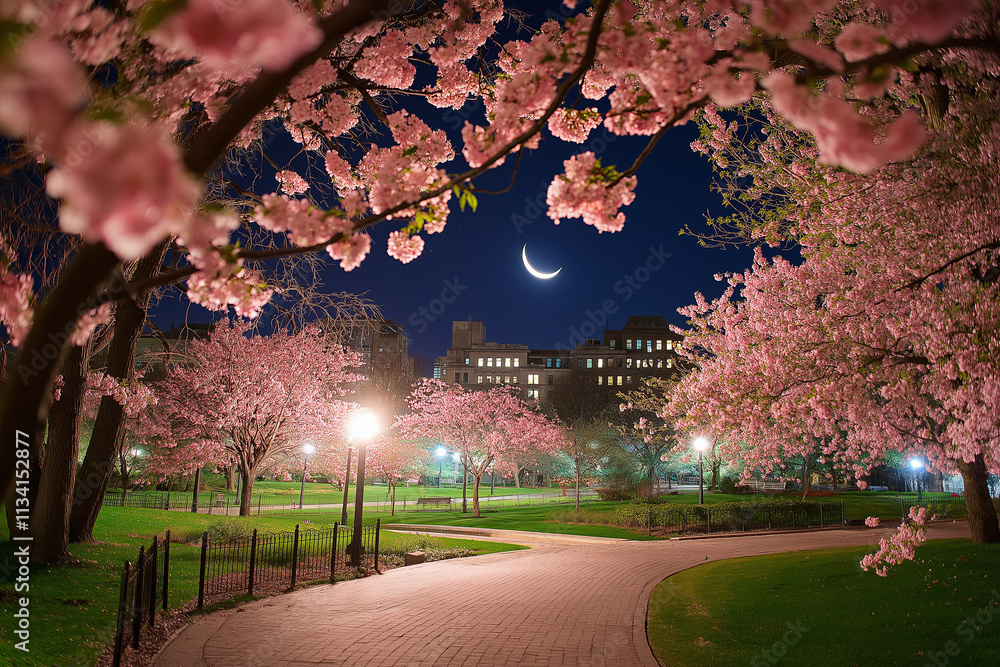 Aufkleber a mystical scene of cherry blossom trees in full bloom at night with a glowing crescent moon. --ar 3