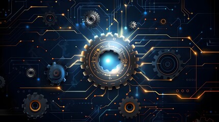 Abstract futuristic technology background with glowing lines and cogwheels.