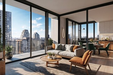 Fototapeta premium 3D Visualization of a Sunlit Urban Apartment with Generous Openings and Contemporary Flair