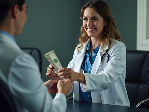 Corruption concert. Smiling woman doctor takes money from hands of patient in interior of office