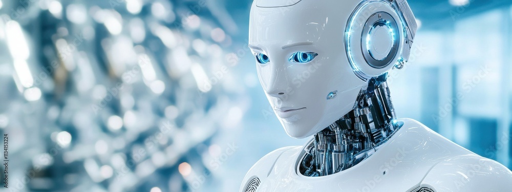 Aufkleber futuristic humanoid robot with glowing blue eyes in a high-tech environment, showcasing advanced tec