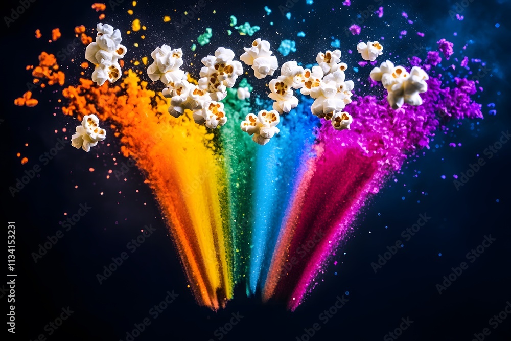 Poster colorful explosion of popcorn and vibrant powders creating a dynamic visual effect.