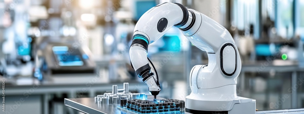 Poster advanced robotic arm performing precision tasks in a modern industrial workspace, showcasing automat