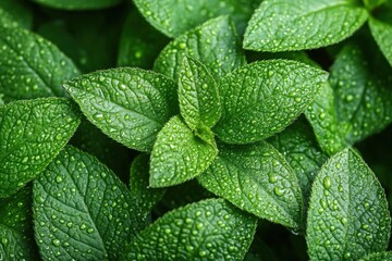 Close-up of green leaves with water droplets, showcasing freshness and natural beauty.