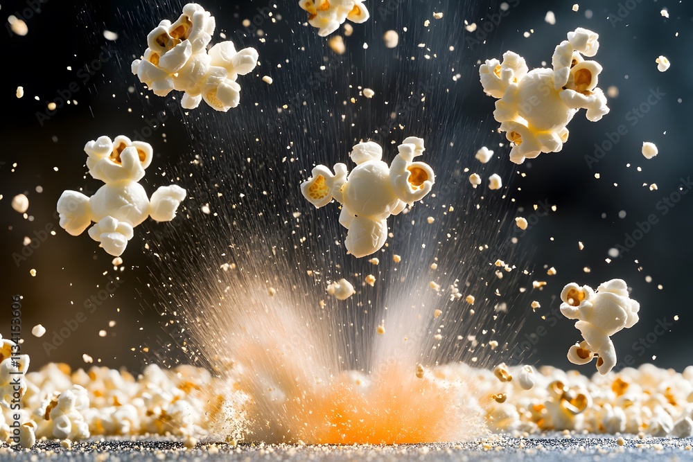 Poster popcorn kernels exploding in a dramatic, close-up shot, showcasing their fluffy texture.