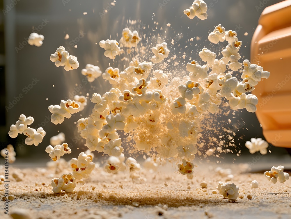 Poster popcorn exploding in a dynamic display, showcasing its light, fluffy texture and playful nature.
