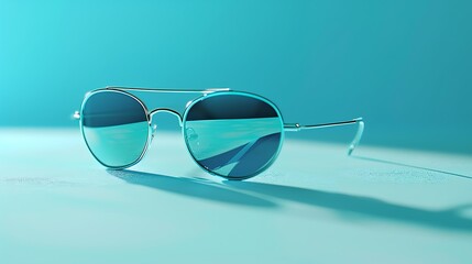 A stylish pair of sunglasses placed on a pastel blue background.