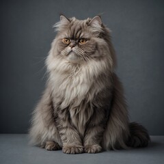 A fluffy Persian cat sitting elegantly on a soft gray background.