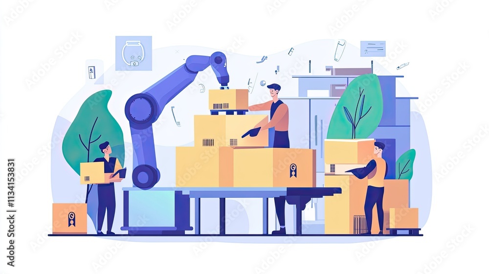 Poster team of workers collaborating with a robotic arm to arrange and sort packages in a modern warehouse 