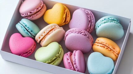 Fototapeta premium A box of heart-shaped macarons in pastel colors, isolated on a white background