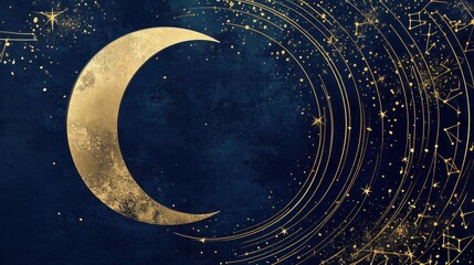 Naklejka premium Celestial Crescent Moon Night Sky Gold Stars Galaxy Art Print