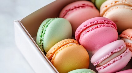 Fototapeta premium A box of heart-shaped macarons in pastel colors, isolated on a white background
