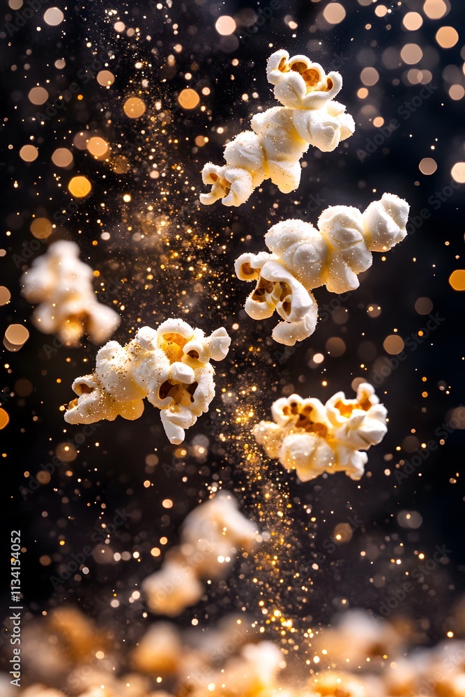 Poster floating popcorn kernels surrounded by sparkling particles create a festive atmosphere.