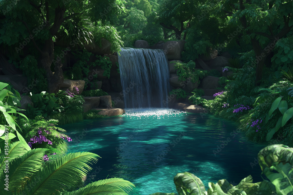 Poster a peaceful waterfall cascading into a hidden jungle pool surrounded by ferns
