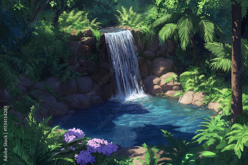 Poster a peaceful waterfall cascading into a hidden jungle pool surrounded by ferns