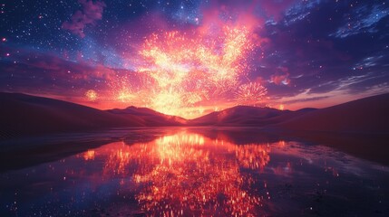 Fototapeta premium A stunning fireworks show over a silent desert oasis with reflections on the water The colors fill the sky creating a unique and serene celebration in nature A peaceful scene of beauty and light 