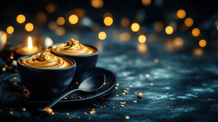 Obraz premium Two elegant dessert cups with caramel topping, surrounded by soft candlelight and bokeh.