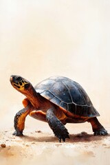 Obraz premium Turtle walking slowly on a sandy path, beige background
