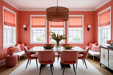 Fototapeta premium Chic Dining Space with Coral Shades, Contemporary Table, and Stylish Furniture