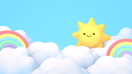 3D render cute sun in the rainbow sky.