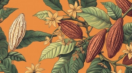 Detailed illustration of cacao pods and leaves, botanical art style, on an orange background.