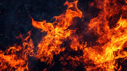 Obraz premium texture of fire on a black background, fire flame, burning fire on a dark area, fire background, fire frame, fire flames background