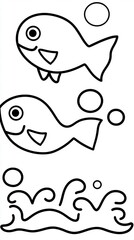 Cute Cartoon Fish and Waves Line Art.