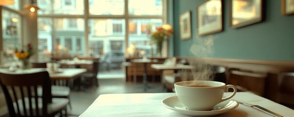 A steaming cup of coffee sits on a table in a cozy caf? setting.