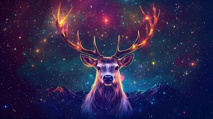 Fototapeta premium A majestic white deer with perfect antlers, on the mountain and the view of the stars in the beautiful sky