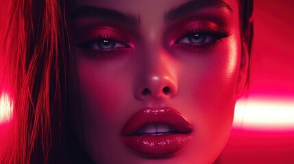 Fototapeta premium Close-up portrait of a woman with vibrant makeup under red lighting.
