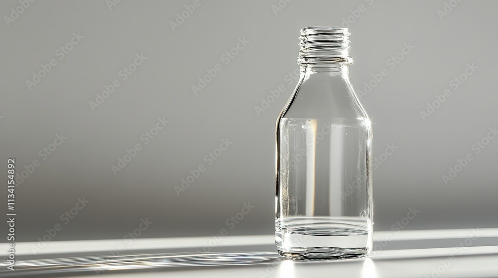 Poster clear glass bottle standing upright on a minimalist surface with soft lighting creating elegant shad