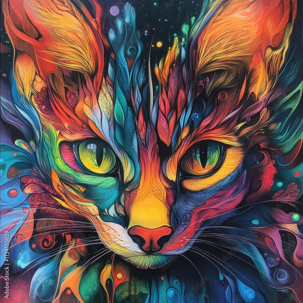 Poster vibrant cat art displaying colorful patterns in digital format abstract environment captivating view