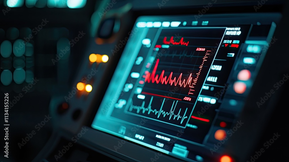 Poster high-tech medical monitor displaying vital signs and heart rate data in a darkened room for healthca