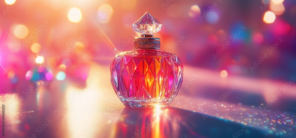 Poster a beautifully designed perfume bottle with a sparkling background.