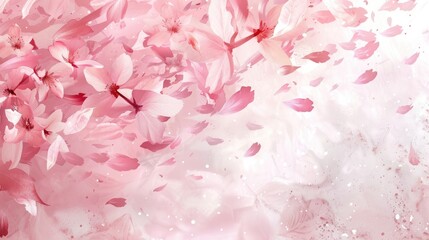Cherry blossom petals flying in the sky, with a pink and white background, in a delicate watercolor style, with soft lighting