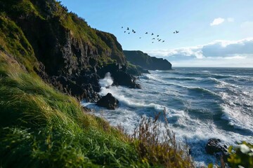A rugged coastline with cliffs overlooking crashing waves and seabirds flying above.