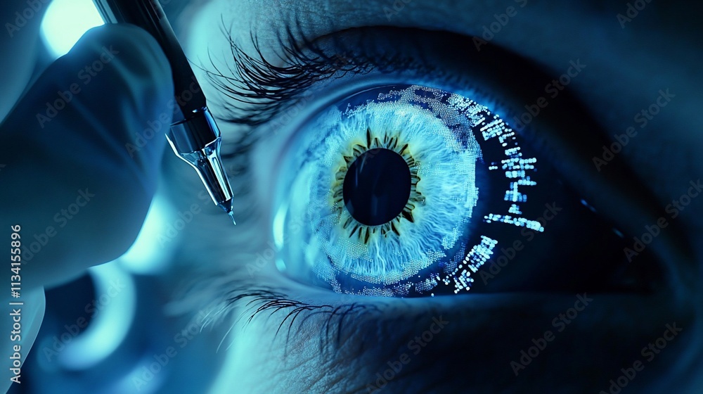Poster A close-up of a futuristic eye with digital elements and a pen approaching.
