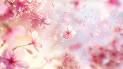 Cherry blossom petals flying in the sky, with a pink and white background, in a delicate watercolor style, with soft lighting