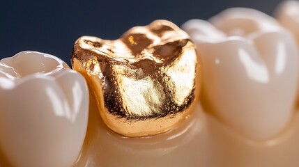 A close-up of a gold dental crown placed between natural teeth.