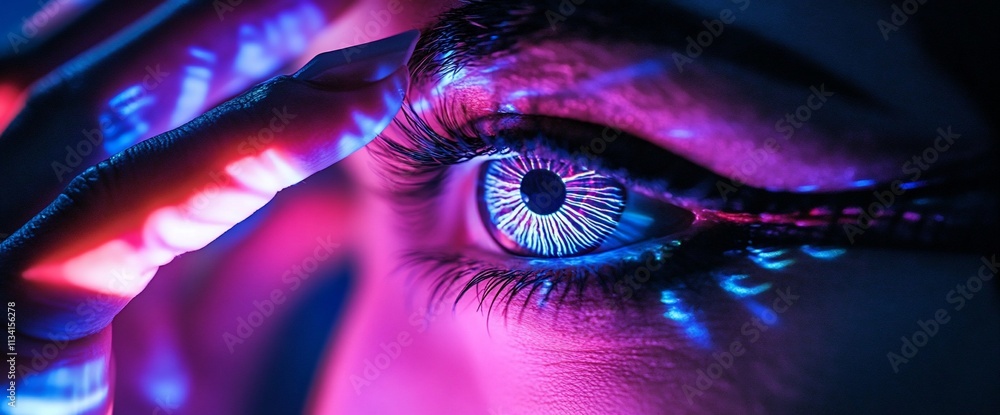 Poster a close-up of a vibrant, illuminated eye with colorful light patterns.