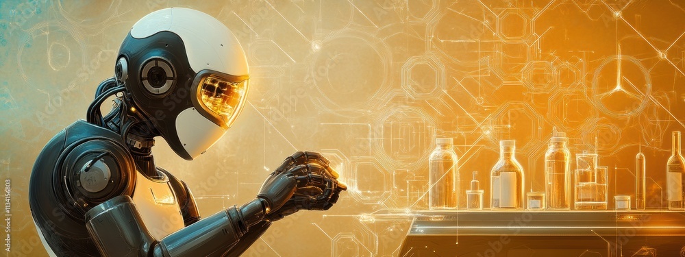 Poster futuristic robot engaging in scientific experimentation with glassware in a high-tech laboratory set