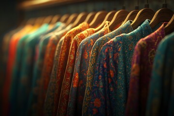 A display of colorful traditional garments hanging on wooden hangers.