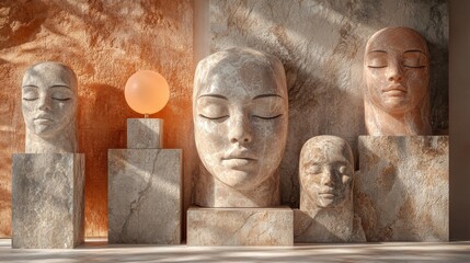 Serene Marble Sculptures in Sunlit Gallery with Soft Shadows and Warm Tones