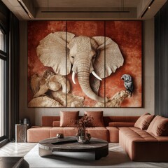Modern Living Room with Large Elephant Artwork and Contemporary Decor in Earthy Tones