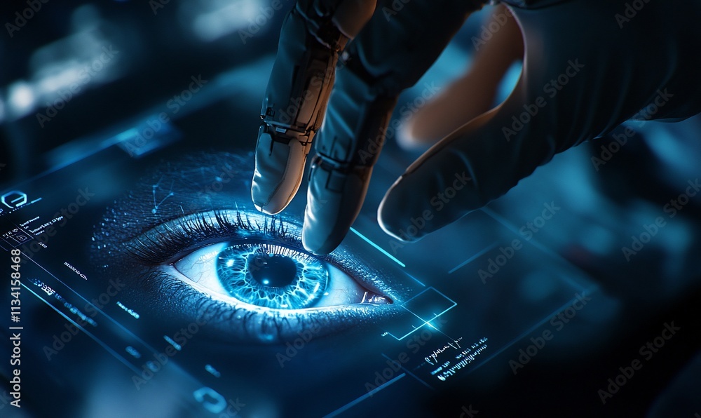 Poster a futuristic hand interacts with a digital eye interface.