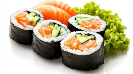 Freshly Prepared Sushi Rolls with Salmon and Cucumber on a White Plate Garnished with Green Lettuce and Slices of Salmon, Ideal for Food Lovers and Culinary Enthusiasts