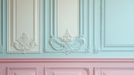 Elegant and Artistic Interior Wall Design Featuring Intricate Moldings and Pastel Color Palette with Soft Blue and Pink Tones for Stylish Home Decor